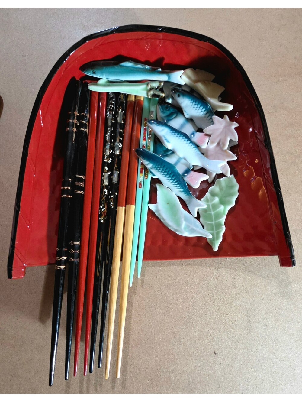 Vintage Japanese Ceramic Fish Chopstick Rests and Assorted Chopsticks Set